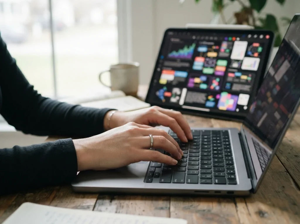 Hands typing on a keyboard, with a tablet showing AI-generated content, symbolizing efficient content creation with Nunxia AI