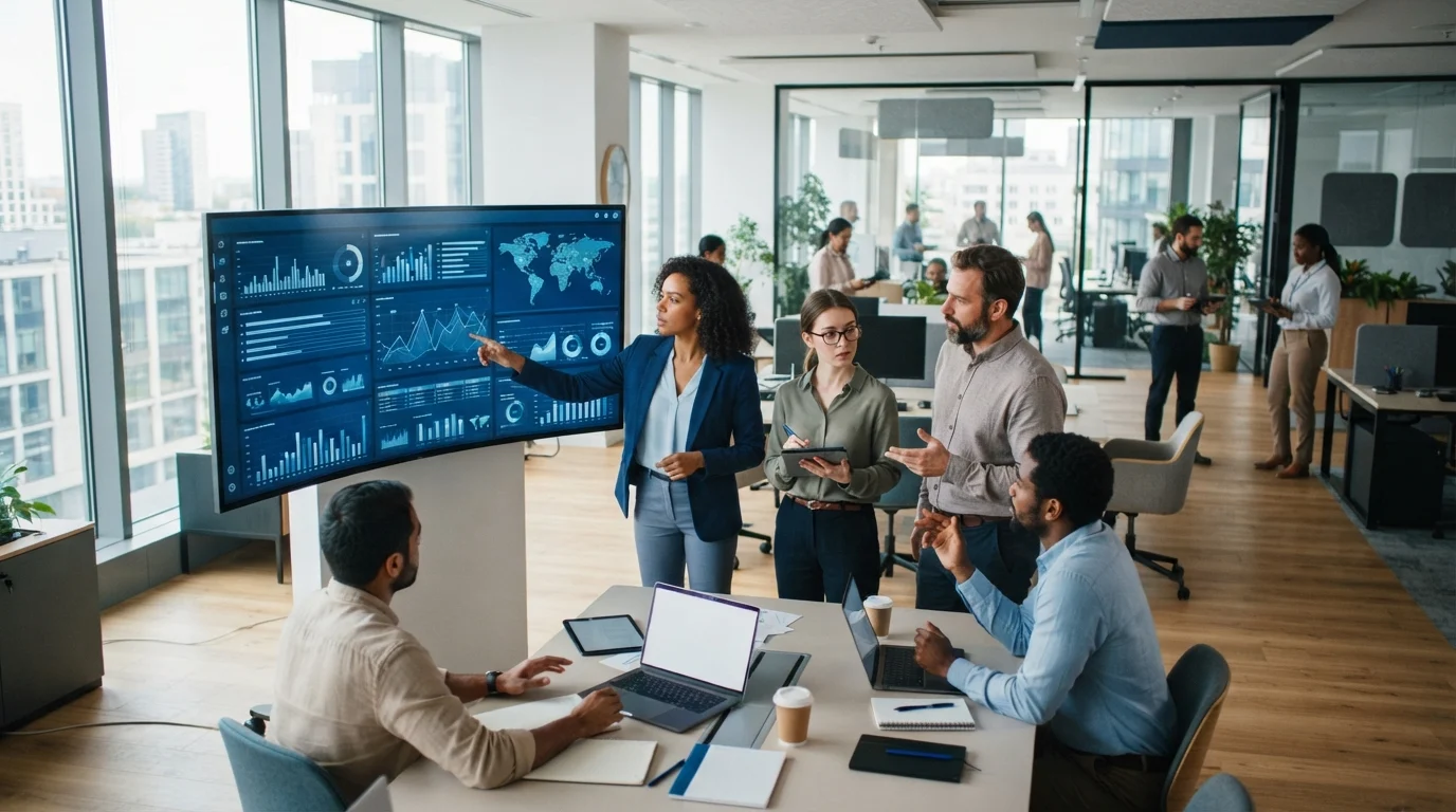 Professionals collaborating in a modern office, using the Nunxia AI platform for global content strategy and analytics.