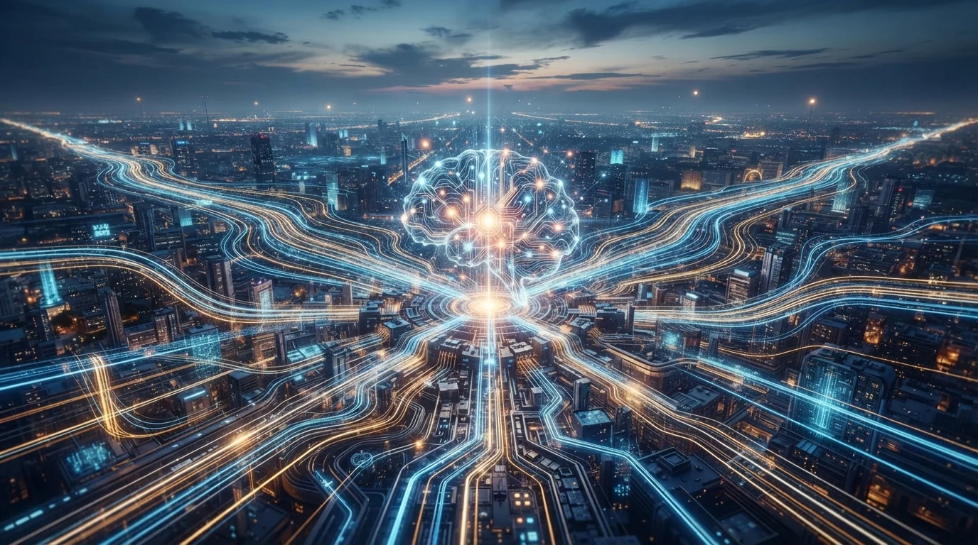 Digital landscape with data streams flowing into an AI brain icon, representing automated metadata generation.