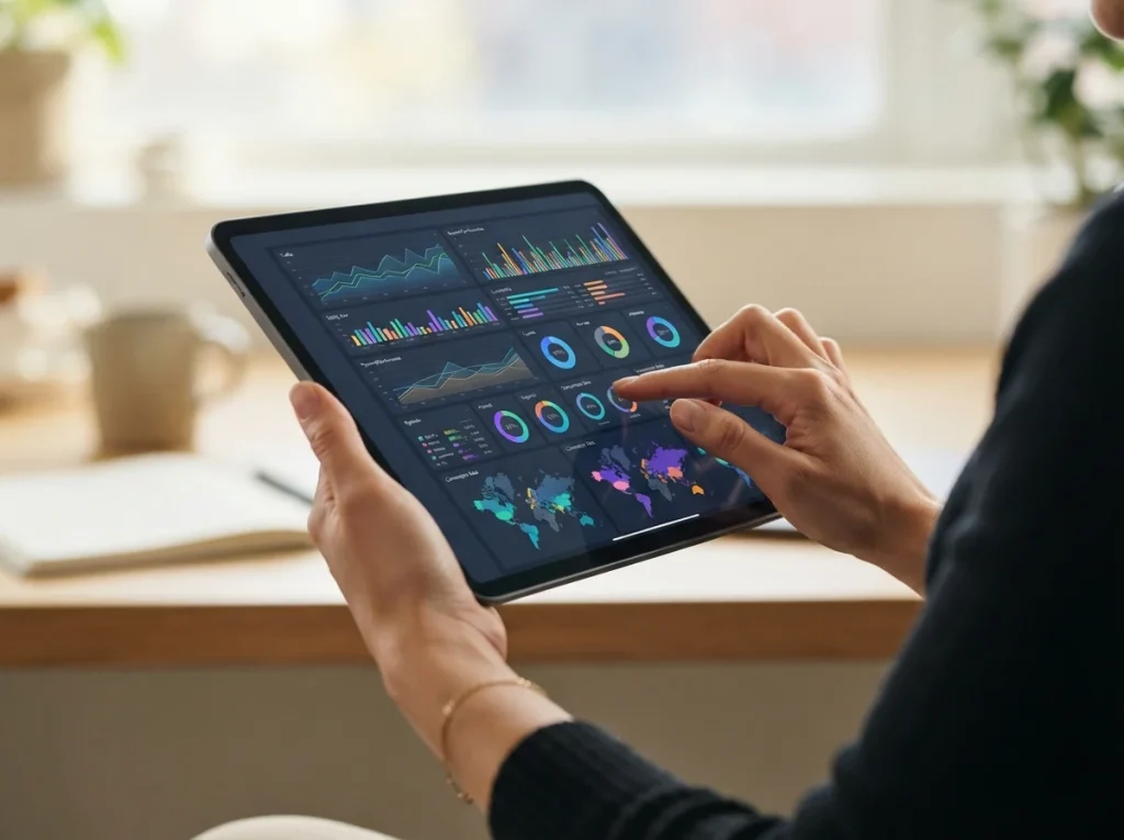 Close-up of a person using an AI-powered multilingual SEO dashboard