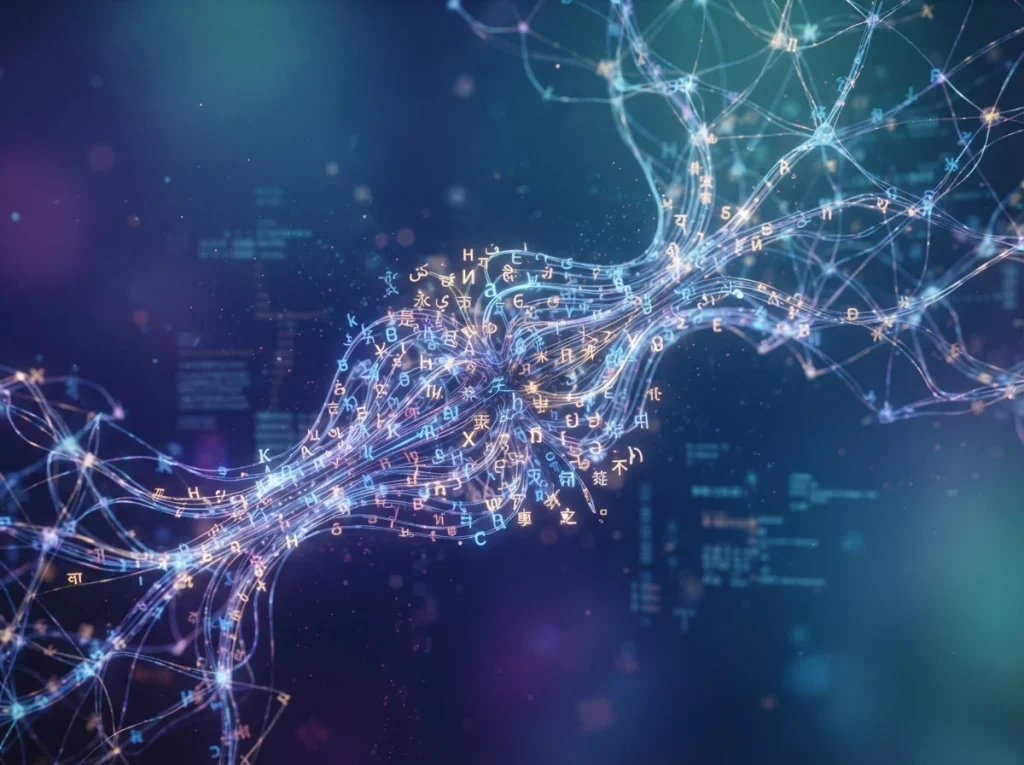 Abstract visualization of AI processing multiple languages for SEO